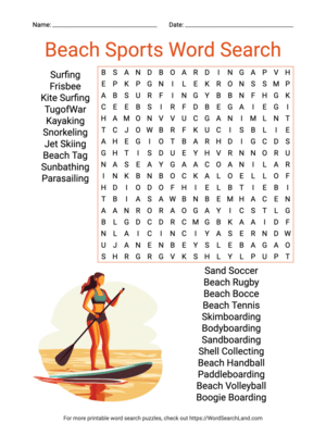 Printable Beach Sports Word Search (PDF & PNG)