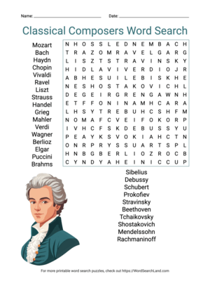 Printable Classical Composers Word Search (PDF & PNG)