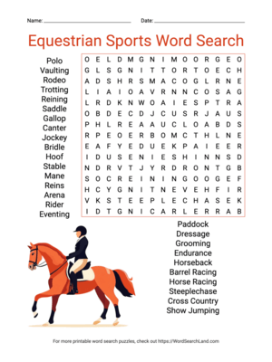 Printable Equestrian Sports Word Search (PDF & PNG)