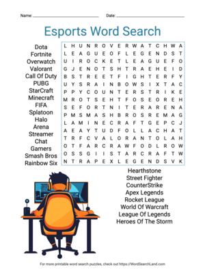 Printable Esports Word Search (PDF & PNG)