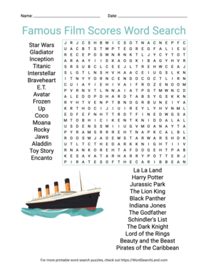 Printable Famous Film Scores Word Search (PDF & PNG)