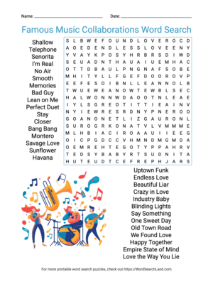 Printable Famous Music Collaborations Word Search (PDF & PNG)