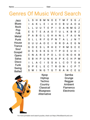 Printable Genres Of Music Word Search (PDF & PNG)