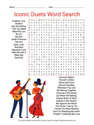 Printable Iconic Duets Word Search (PDF & PNG)