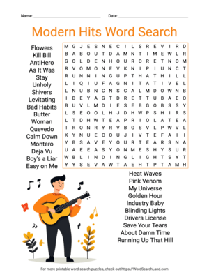 Printable Modern Hits Word Search (PDF & PNG)