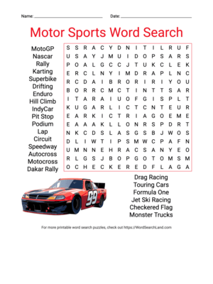 Printable Motor Sports Word Search (PDF & PNG)