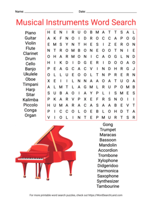 Printable Musical Instruments Word Search (PDF & PNG)