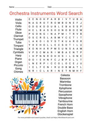 Printable Orchestra Instruments Word Search (PDF & PNG)