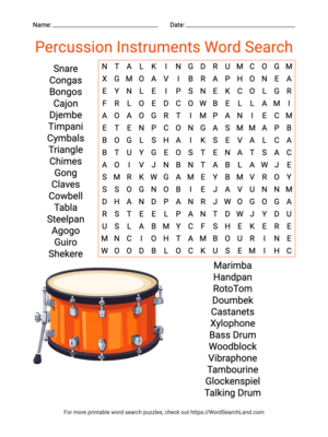 Printable Percussion Instruments Word Search (PDF & PNG)