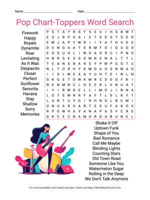 Printable Pop Chart-Toppers Word Search (PDF & PNG)