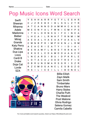 Printable Pop Music Icons Word Search (PDF & PNG)