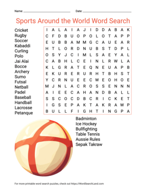 Printable Sports Around the World Word Search (PDF & PNG)