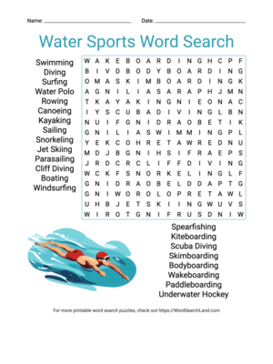 Printable Water Sports Word Search (PDF & PNG)