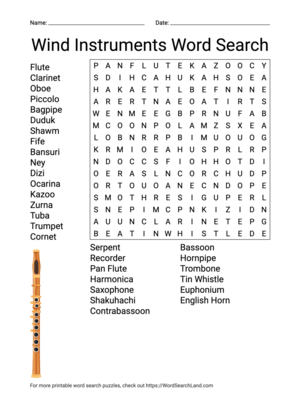 Printable Wind Instruments Word Search (PDF & PNG)